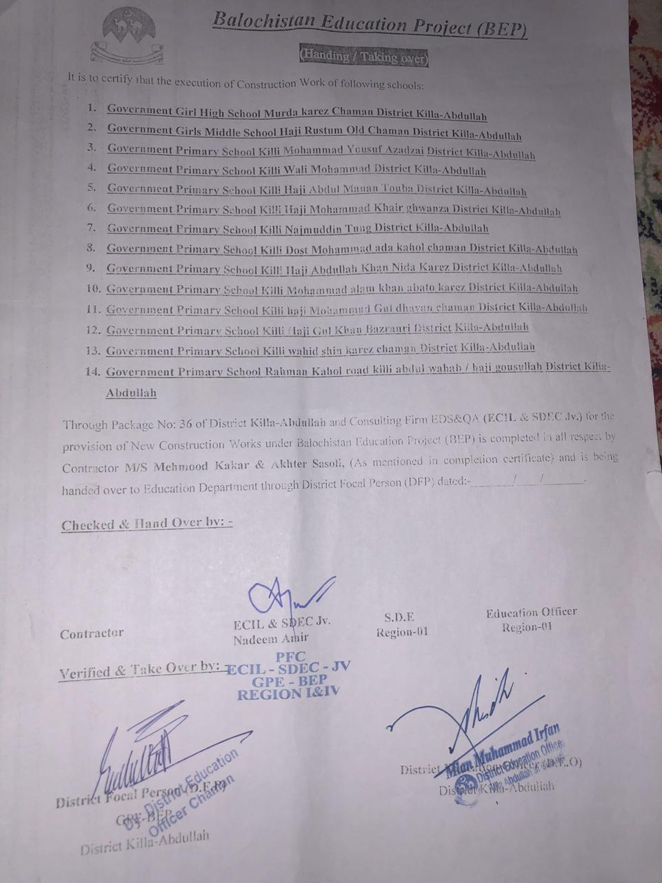 Handing Over Certificate